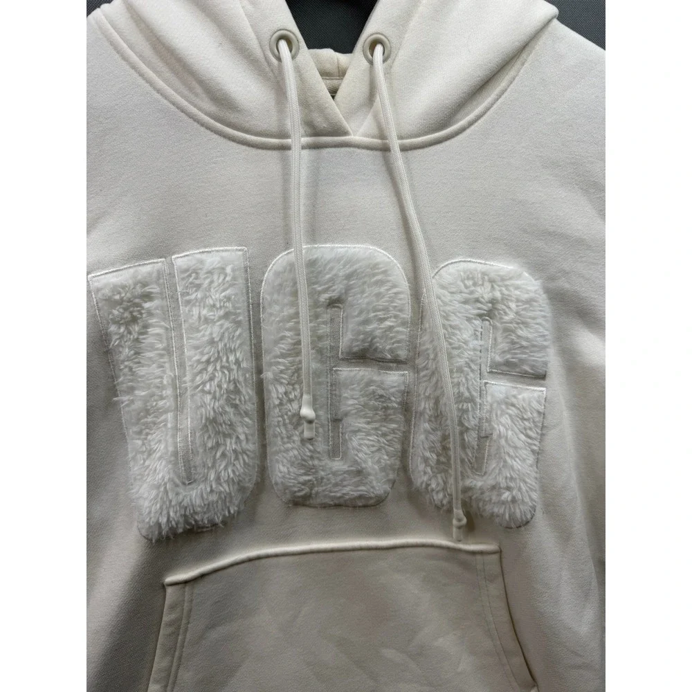 UGG Hoodie Women White Sherpa Logo Pullover Fleece Sweatshirt Medium - Picture 3 of 8